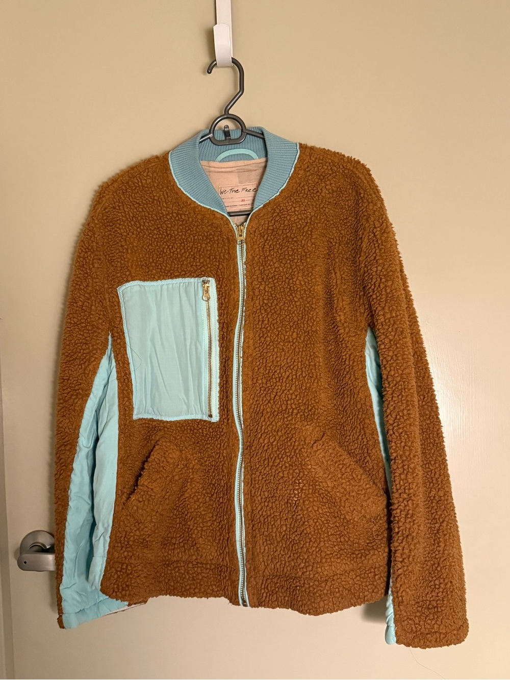 We The Free Brown Sherpa Jacket with Light Blue Trim
